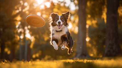 Border collie dog jumping happily and catching frisbee - Generative AI