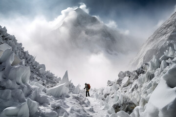 Lonely mountaineer standing tall against force of avalanche - Generative AI - obrazy, fototapety, plakaty