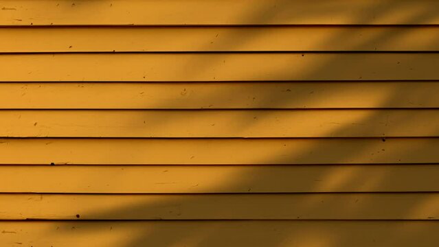 Shadow of palm leaf moving gently in wind on orange wooden slats siding background, backdrop