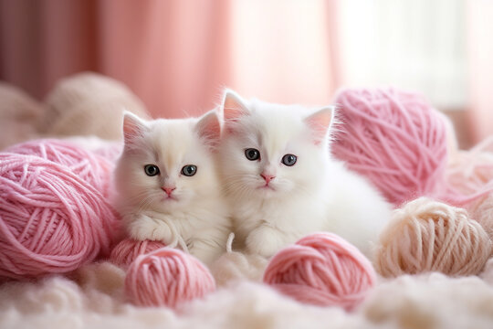 cute white kitten on pink background - Generative AI