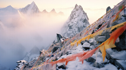 Colorful flags covering the way to mount everest base camp - Generative AI