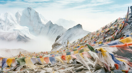 Colorful flags covering the way to mount everest base camp - Generative AI