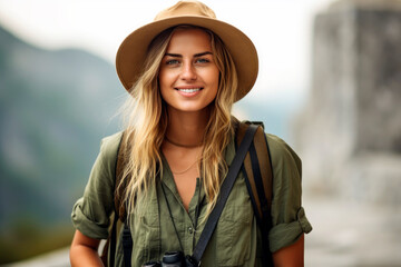 adventurous female travel blogger, woman in profession, Generative AI