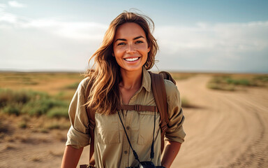 adventurous female travel blogger, woman in profession, Generative AI