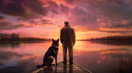 Fototapeta premium Surreal landscape showing man standing on colorful lake with his dog, dog and man - Generative AI