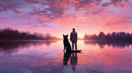 Surreal landscape showing man standing on colorful lake with his dog, dog and man - Generative AI