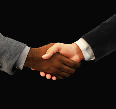 Dark and Fair complection hands shaking diversity concept backdrop with both hands. Diversity handshake of different ethnicity