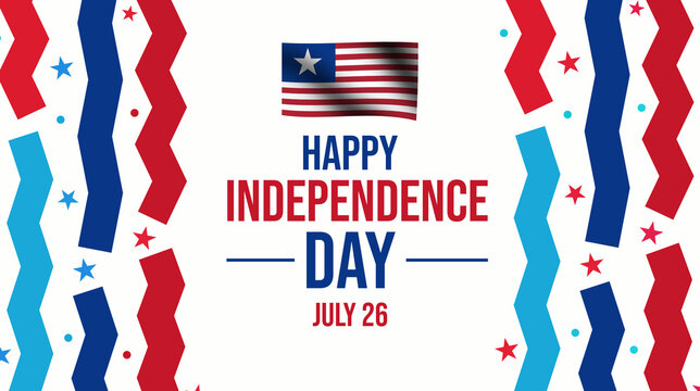 Happy Independence Day greetings to Liberia background design with waving flag and colorful shapes. Liberia Independence day backdrop