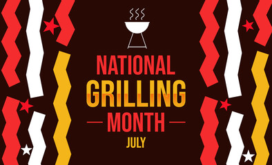 National Grilling Month wallpaper with barbeque style design and colorful typography in the center. July is national grilling month, wallpaper design