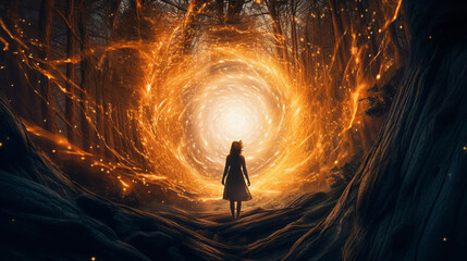 Surreal illustration of woman opening a portal in the forest - generative AI - obrazy, fototapety, plakaty