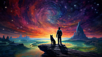Fototapeta premium man and his dog companion exploring fantastical dreamy landscape showing colors of the illustrated universe - Generative AI
