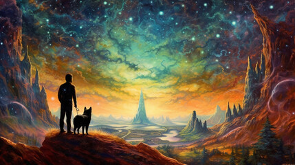 man and his dog companion exploring fantastical dreamy landscape showing colors of the illustrated universe - Generative AI