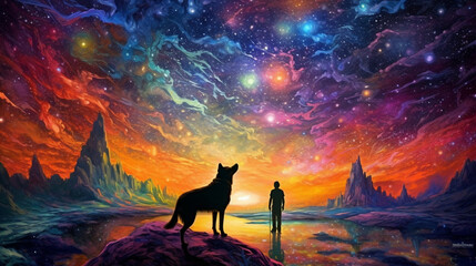 man and his dog companion exploring fantastical dreamy landscape showing colors of the illustrated universe - Generative AI