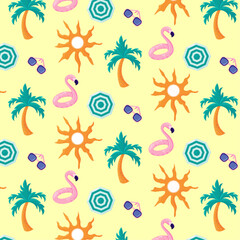 Colorful seamless summer pattern with palm tree, flamingo rubber ring, sunglasses, umbrella