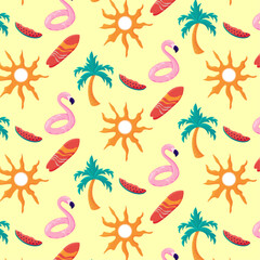 Colorful seamless summer pattern with sun, palm tree, surfboard, watermelon slice, flamingo rubber ring