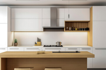 Fototapeta na wymiar Generative AI illustration of a large kitchen with minimalist decoration and furniture in white