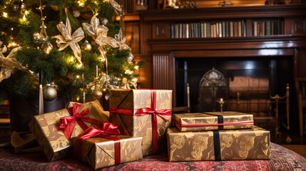Christmas gifts, happy holidays and holiday celebration, wrapped gift boxes, presents and decorated Christmas tree, generative ai