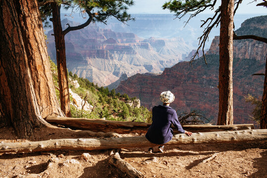 A boy in a blue jacket and white hat sits on a log in front of a vista of the Grand Canyon in Arizona