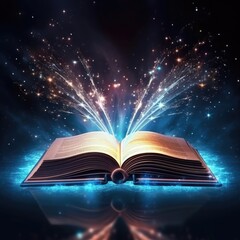 An illuminated book symbolizing literature and fairytales. (Illustration, Generative AI)
