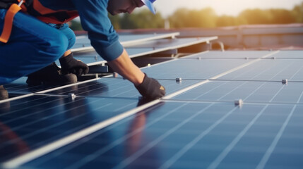 Harnessing Solar Power: A Male Engineer's Precision Installation. Generative AI