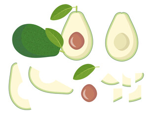 Vector icons of whole and cut avocado, avocado slices. Organic food.