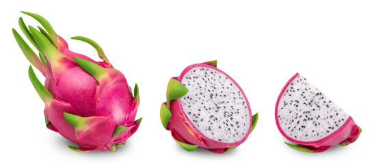 Pitaya isolated set. Collection of ripe dragon fruit or pitahaya, half and slice of the fruit on a...