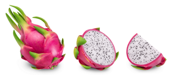 Pitaya isolated set. Collection of ripe dragon fruit or pitahaya, half and slice of the fruit on a white background.