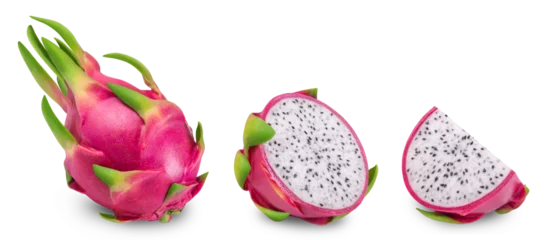 Foto op Plexiglas Pitaya isolated set. Collection of ripe dragon fruit or pitahaya, half and slice of the fruit on a white background. © Денис Петровских