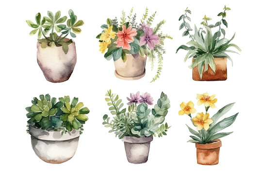 Watercolor of minimal Flowers Houseplant blooming isolated on clear png background, elements natural botanical, leaves, flowers and herbs, set of tree plant collection, with Generative Ai.