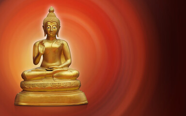 front view gold buddha statue on speed and motion yellow and red  background, religion, template, banner, copy space