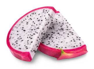 Pitaya isolated. Ripe two slices of dragon fruit or pitahaya on a white background.
