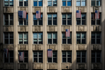 Fototapeta na wymiar American flags hung in windows for 4th of July celebrations. Generative AL