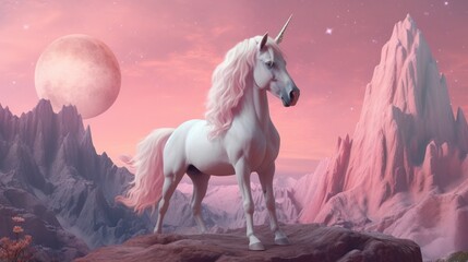 Naklejka na ściany i meble Pink background with unicorn. Illustration AI Generative.