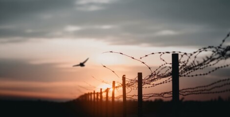 Barrier wire fence refugees Twilight sky, Generative AI