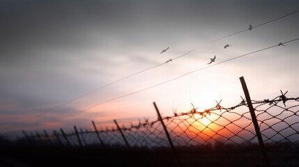 Barrier wire fence refugees Twilight sky, Generative AI