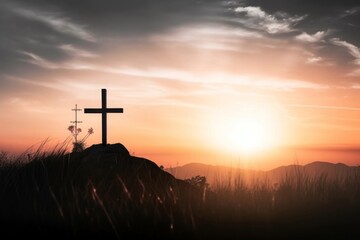 Easter concept: Silhouette cross on mountain at sunset background, Generative AI