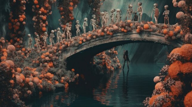 A group of skeletons walking across a bridge over a body of water. Generative AI image.