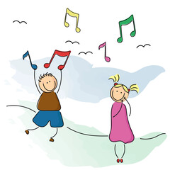 Vector illustration of children with musical notes. Children sing and play. Song-book.