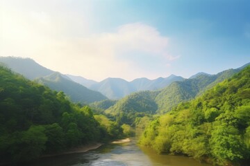 Fototapeta na wymiar Earth day concept: Beautiful natural scenery of river in southeast Asia tropical green forest with mountains in background, Generative AI