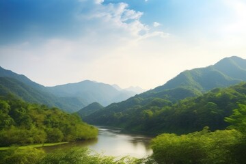 Earth day concept: Beautiful natural scenery of river in southeast Asia tropical green forest with mountains in background, Generative AI