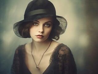 20s 30s 40s style portrait of a beautiful woman with era correct make up and accessories, generative ai