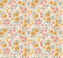 Vintage floral background. Floral pattern with small yellow flowers on a yellow and pink background. Seamless pattern for design and fashion prints. Ditsy style. Stock vector illustration.
