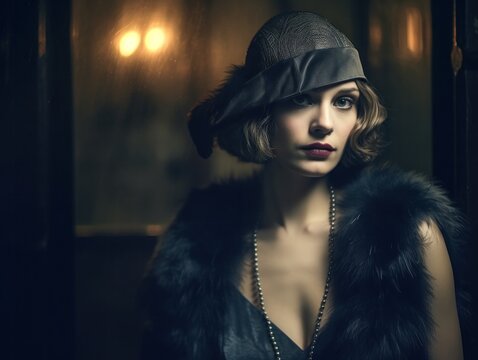 20s 30s 40s style portrait of a beautiful woman with era correct make up and accessories, generative ai