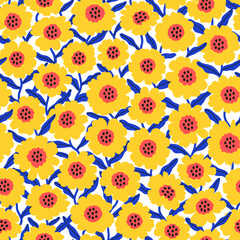 Retro floral pattern in sunflower flowers. Small yellow flowers. White background. Trendy print. Floral seamless background. Bright template for fashion prints. Stock pattern.
