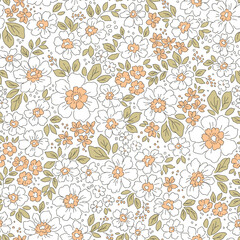 Vector seamless pattern. Cute pattern in small flowers. Small white-orange flowers. White background. Liberty floral background. Vintage stylish template for fashion prints. Stock vector.