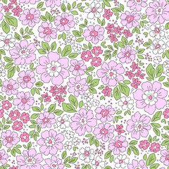 Vintage floral background. Floral pattern with small pink flowers on a white background. Seamless pattern for design and fashion prints. Liberty style. Stock vector illustration.