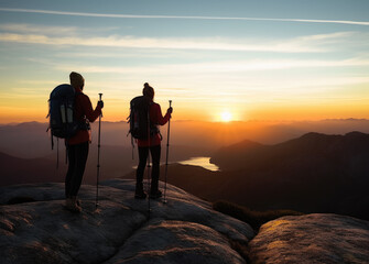 Epic Mountain Views. Trekkers with trekking poles look on a mountain at sunset. Active life, travel, winter, hiking, nature concept, granite, and shale rocks. AI Generative