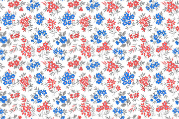 Vintage floral background. Floral pattern with small red and blue flowers on a white background. Seamless pattern for design and fashion prints. Ditsy style. Stock vector illustration.