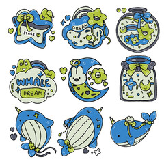 Narwhal and decorations in blue tones