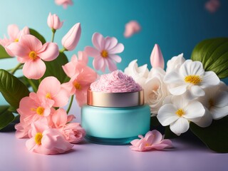 Facial skin care moisturizing cream in a blue jar on blue background with flowers. AI generated